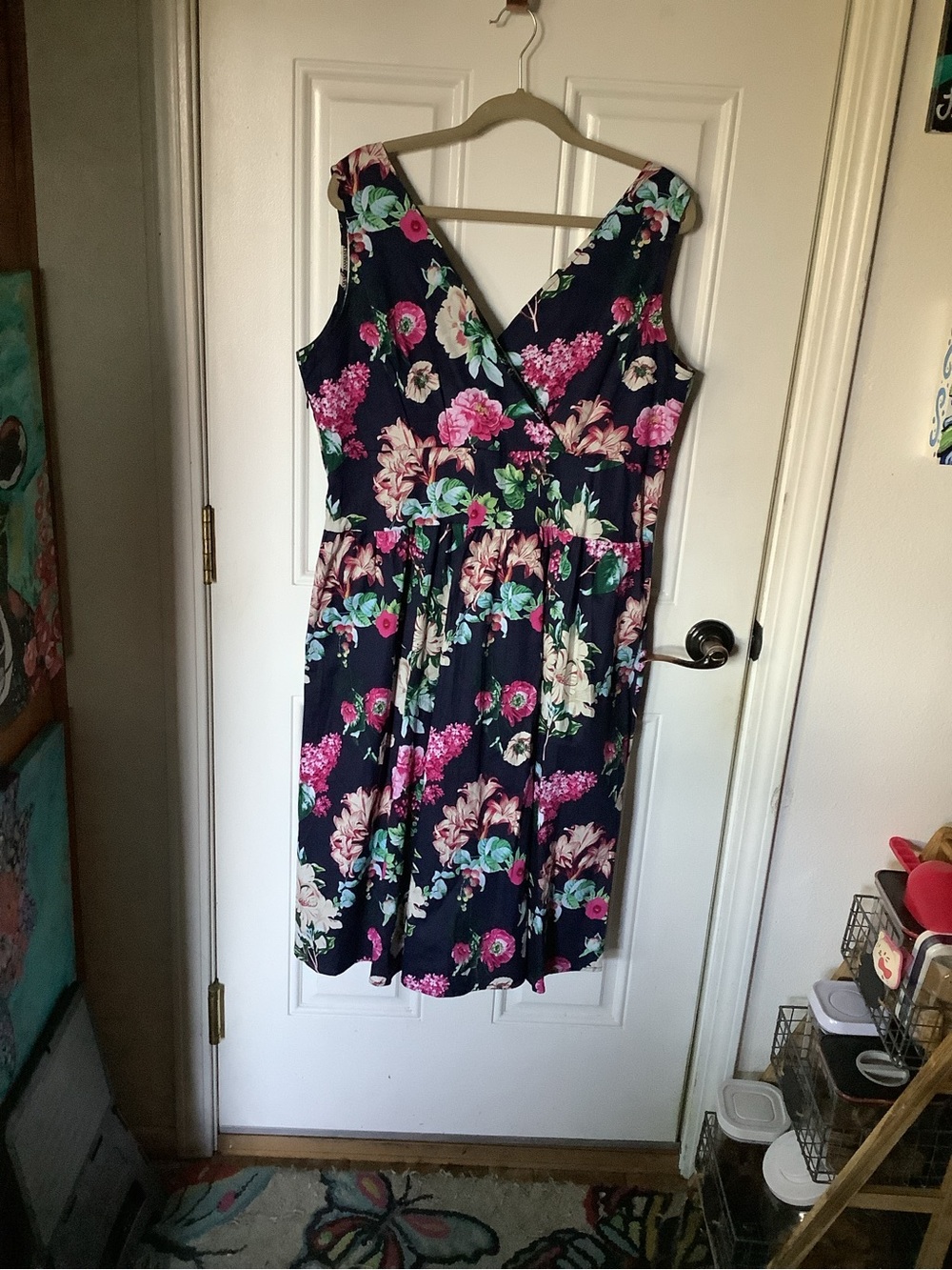Floral V-Neck Navy Summer Dress - Pink & Green Floral